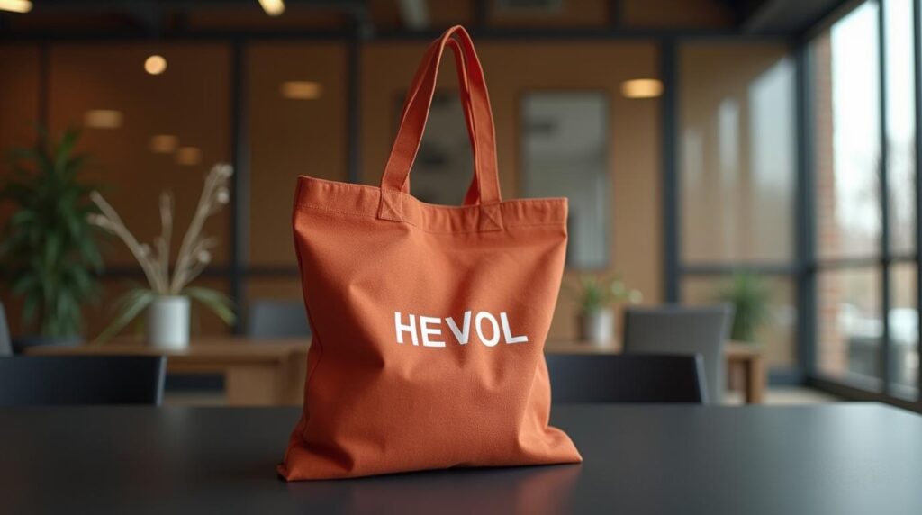regalos para despedidas y jubilaciones de empleados: tote bag de algodón terracota sobre mesa negra