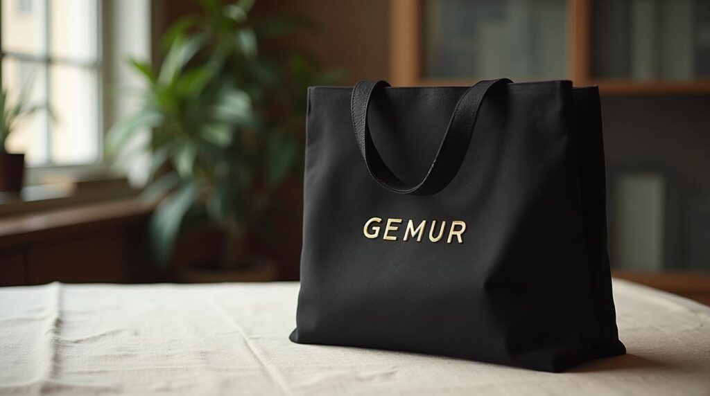 retener empleados con regalos corporativos: bolsa de tela negra mate con detalle dorado sobre mesa de oficina