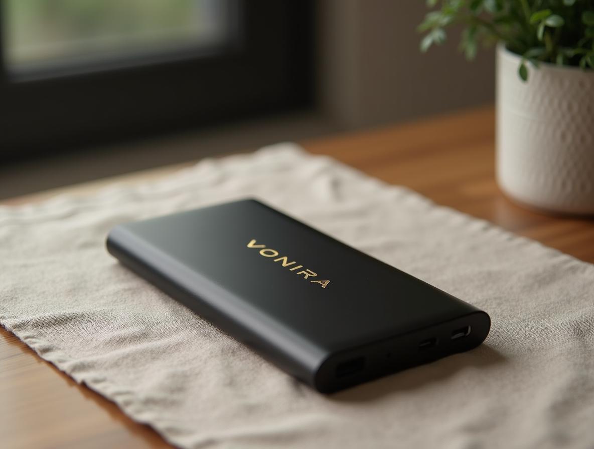 Power bank de aluminio negro mate con marcaje dorado sobre un mantel de lino en un escritorio de oficina