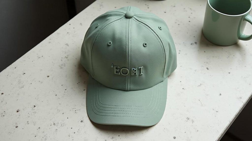 riesgos de vender merchandising: gorra de algodón verde salvia sobre mesa de terrazo en una oficina