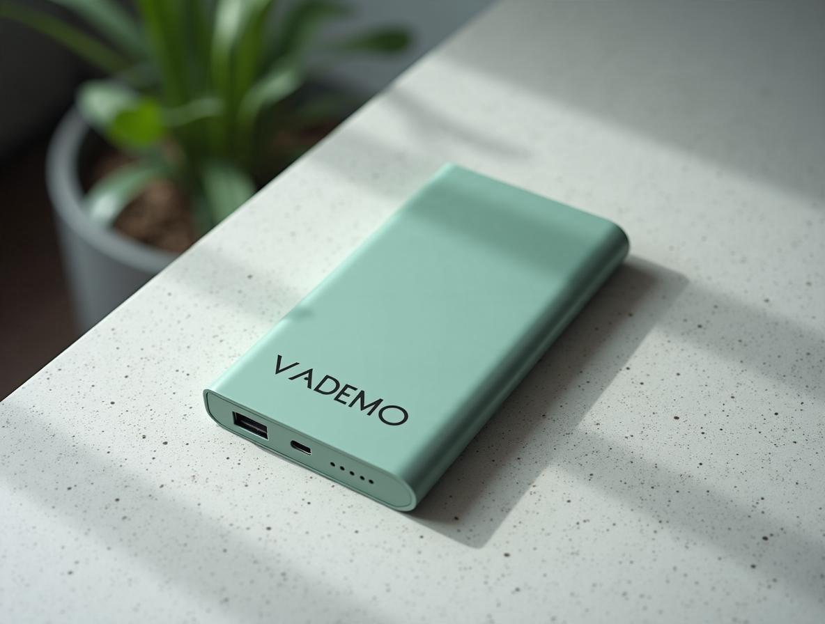 Power bank de aluminio verde salvia con logotipo serigrafiado, un artículo habitual en una tienda de merchandising de marca