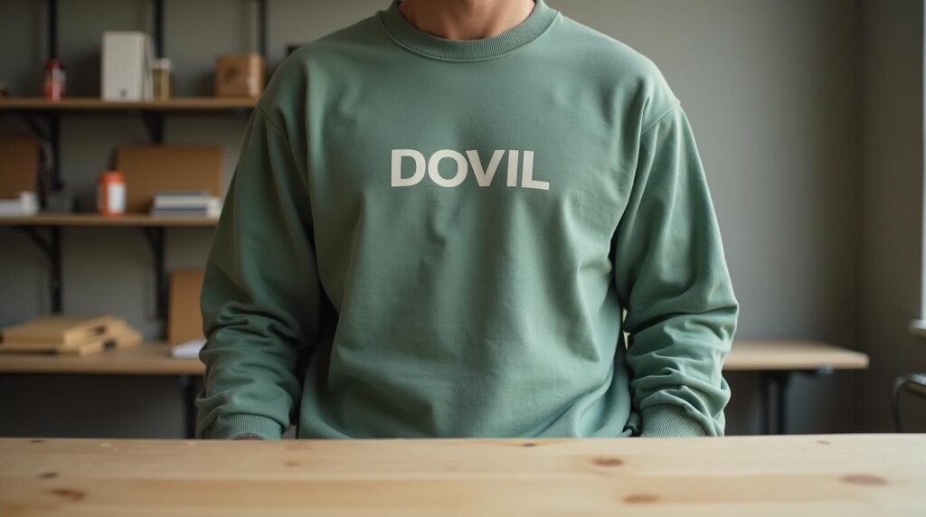Ropa laboral sostenible para empresas: sudadera de algodón orgánico verde salvia doblada sobre contrachapado