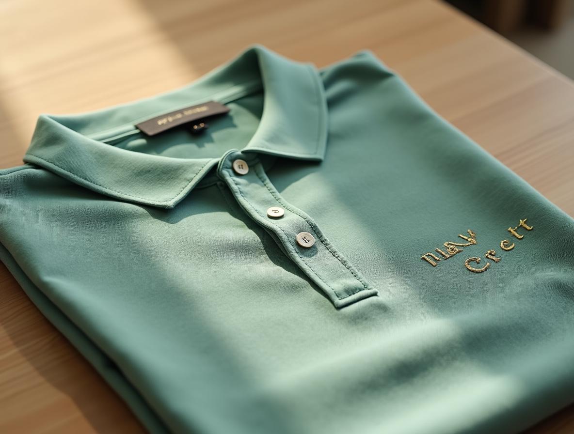 Ropa laboral sostenible para empresas: polo de punto piqué de bambú verde salvia con logo bordado en el pecho