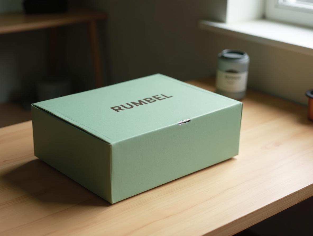 Caja de cartón kraft verde salvia con logo serigrafiado al agua sobre un mostrador de recepción de contrachapado