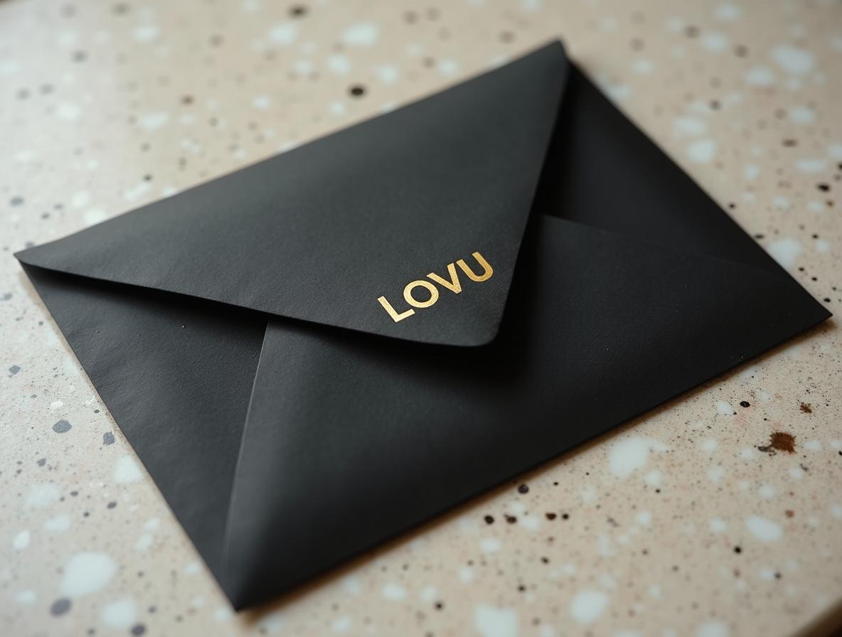 Tarjetas de visita corporativas: detalle de sobre de papel negro mate con estampación en foil dorado
