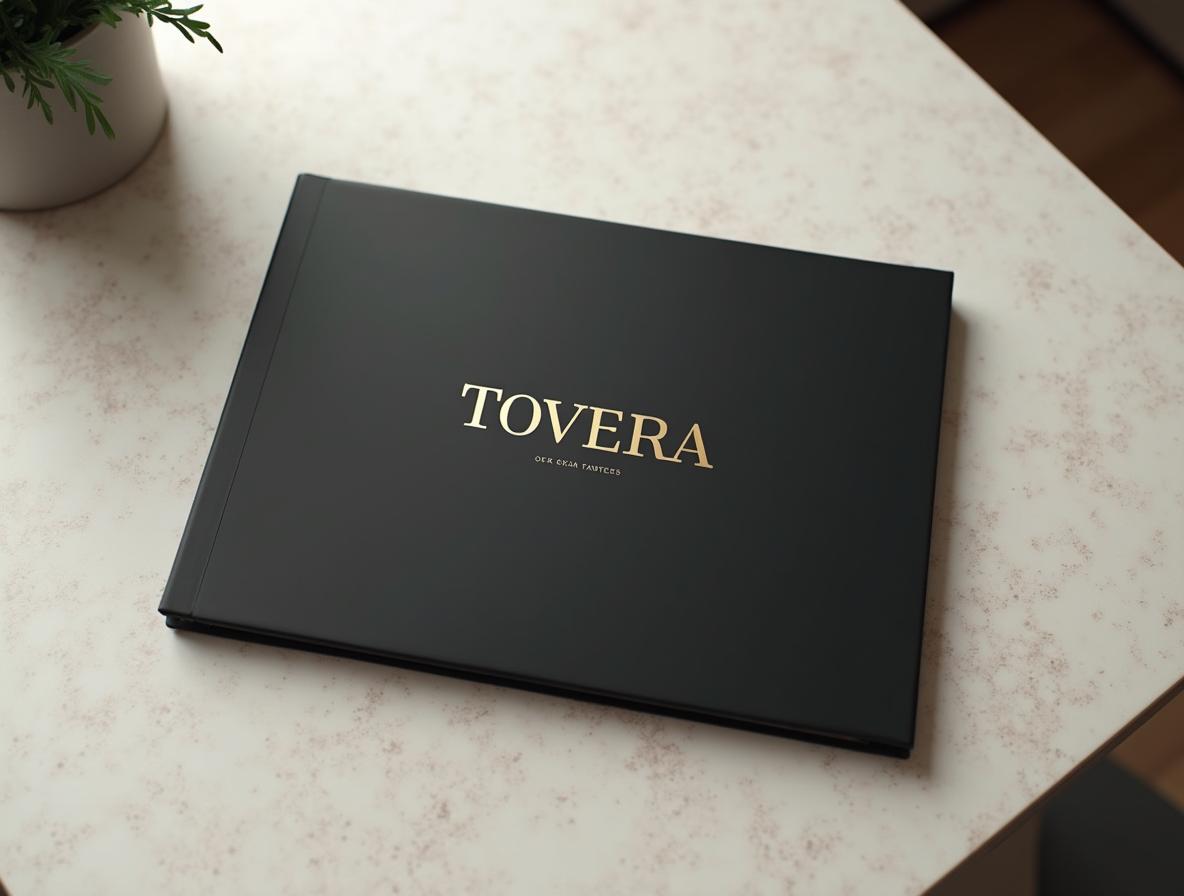 Carpeta de presentación de cartón negro mate con foil dorado sobre un escritorio de terrazo en una oficina