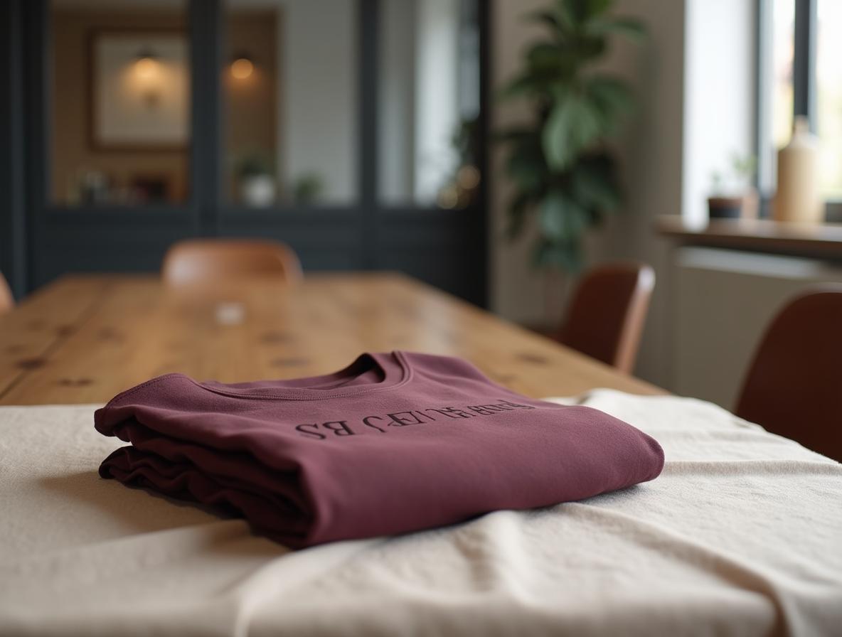 Camiseta de algodón burdeos doblada sobre un mantel de lino en una mesa de oficina, con el marcaje en el pecho