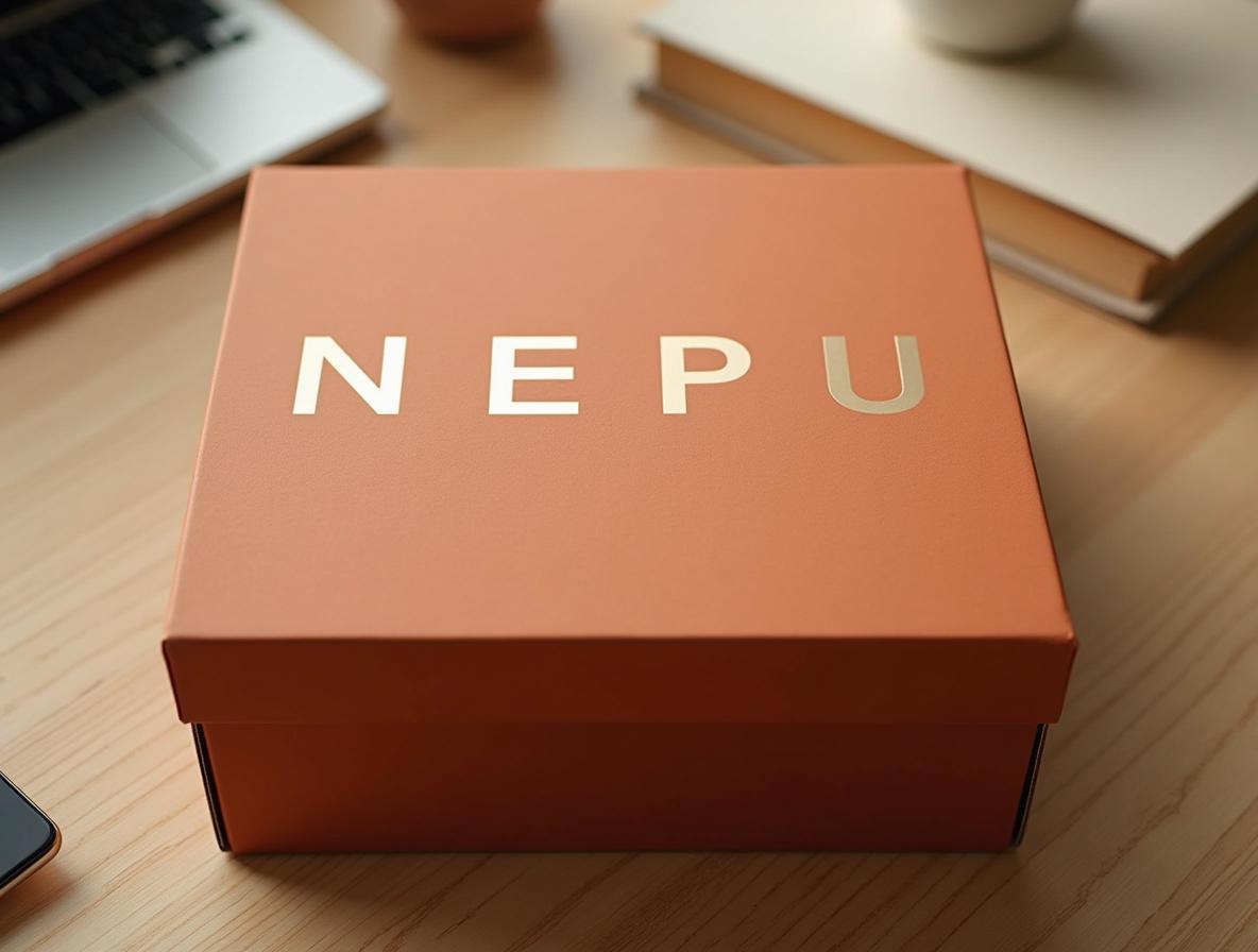 Tienda de merchandising para alumni: detalle de tapa de caja rígida de cartón terracota con foil estampado