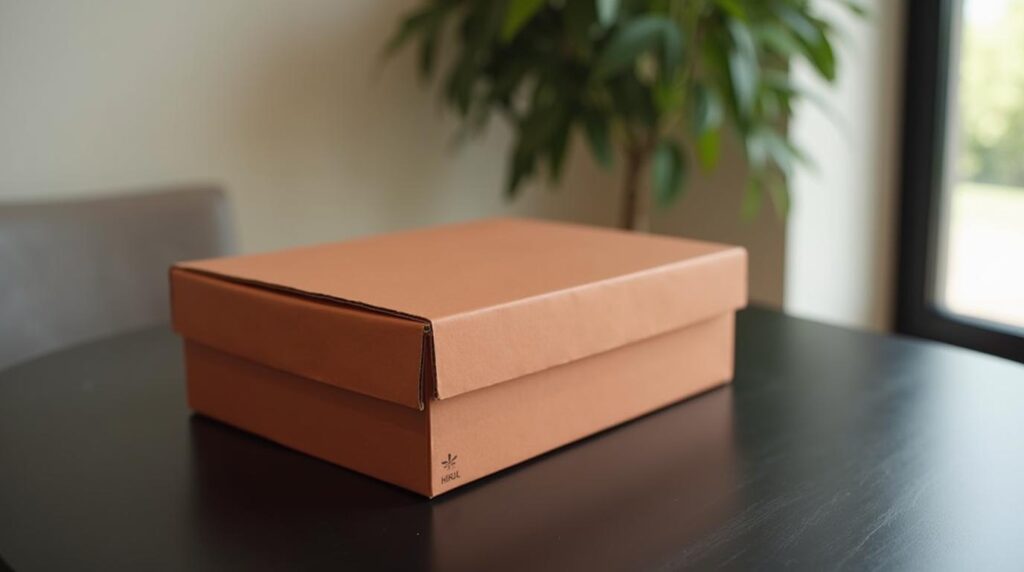 welcome pack para profesionales sanitarios: caja de bienvenida de cartón terracota cerrada sobre mesa negra mate