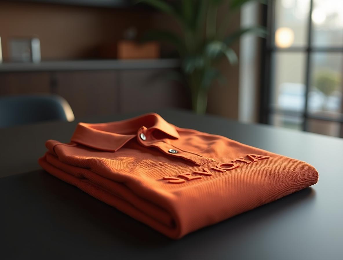 Polo de algodón piqué terracota con bordado en el pecho, prenda textil para el welcome pack de profesionales sanitarios de una clínica