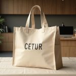 merchandising alineado con los ODS: tote bag de algodón orgánico crudo con serigrafía al agua sobre mantel de lino