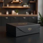 Pack corporativo para ferias de empleo: caja de bienvenida rígida negra mate con detalle en foil dorado
