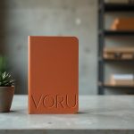 Productos corporativos en materiales naturales: libreta de bambú con grabado láser sobre superficie de hormigón pulido