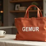 Regalos corporativos para el sector retail: bolsa de algodón terracota sobre mantel de lino en un mostrador